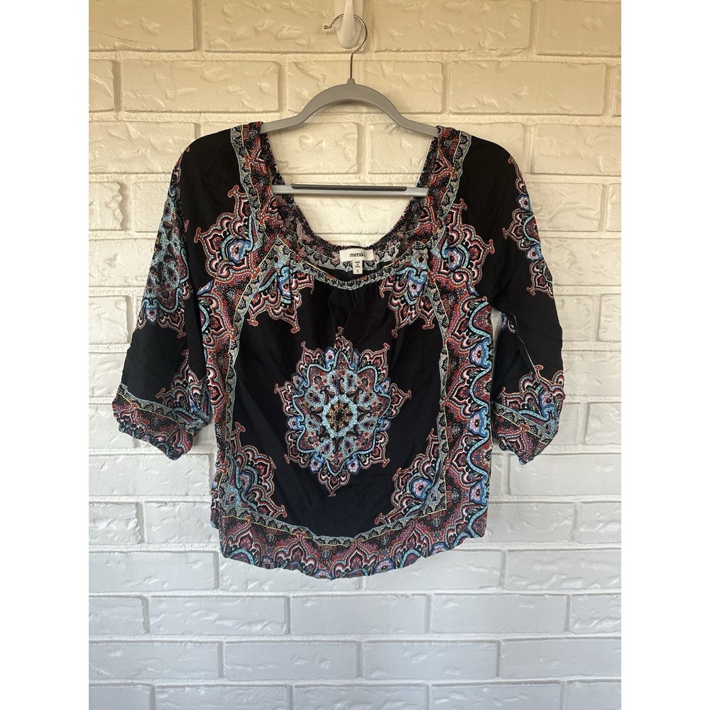 Meraki Women's Boho Medallion Print Scoop Neck 3/4 Sleeve Blouse Large